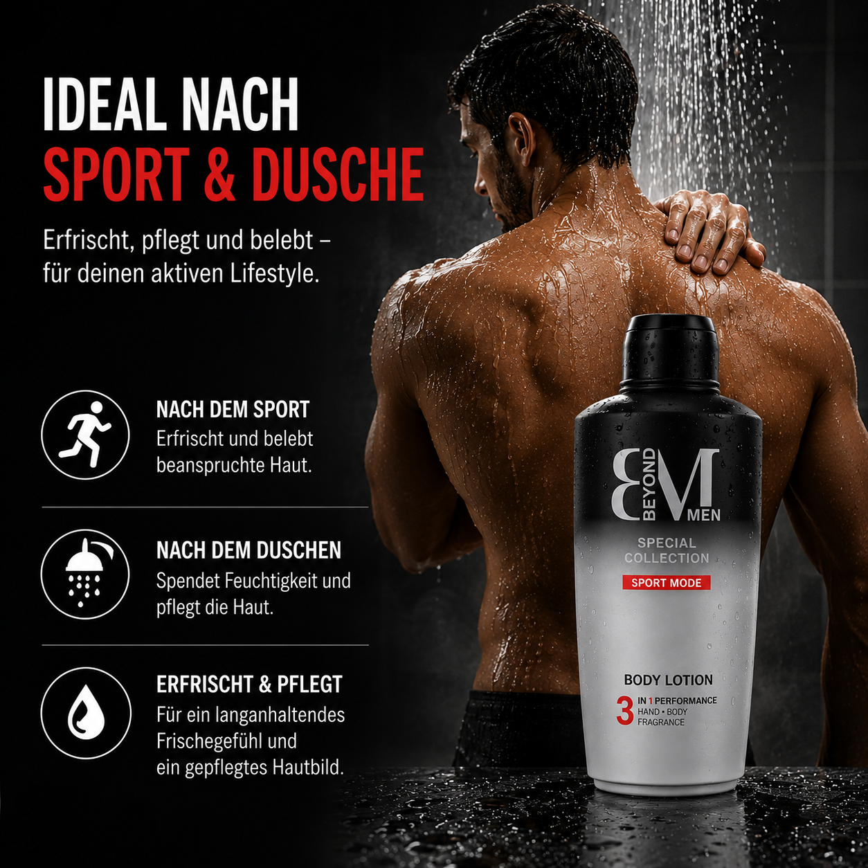 BEYOND MEN 3in1 Body Lotion Sport Mode 500 ml – Feuchtigkeitsspendende Herren Bodylotion – Schnell einziehend – Frischer Sportduft mit Zitrus- und Holznoten – Dermatologisch getestet