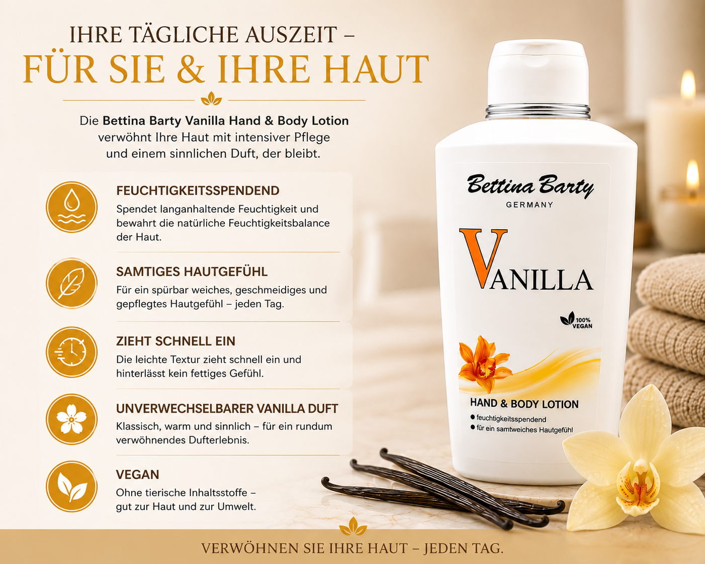 Bettina Barty Vanilla Hand & Body Lotion 500 ml – Feuchtigkeitsspendende Körperlotion – Schnell einziehend – Vegan – Warmer Vanilleduft