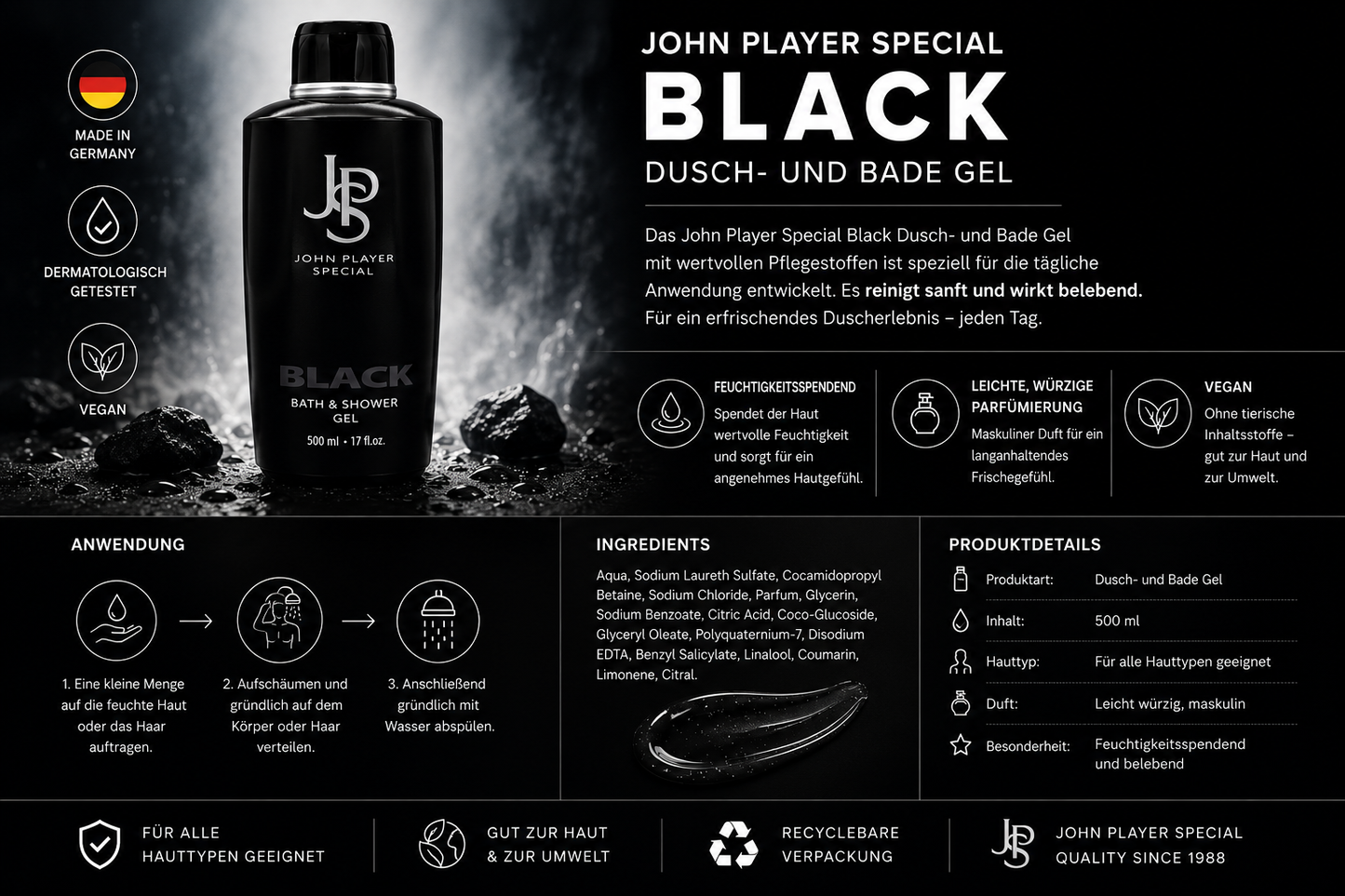 John Player Special Black Bath & Shower Gel 500 ml – Feuchtigkeitsspendendes Dusch- & Badegel – Würziger Herrenduft – Vegan