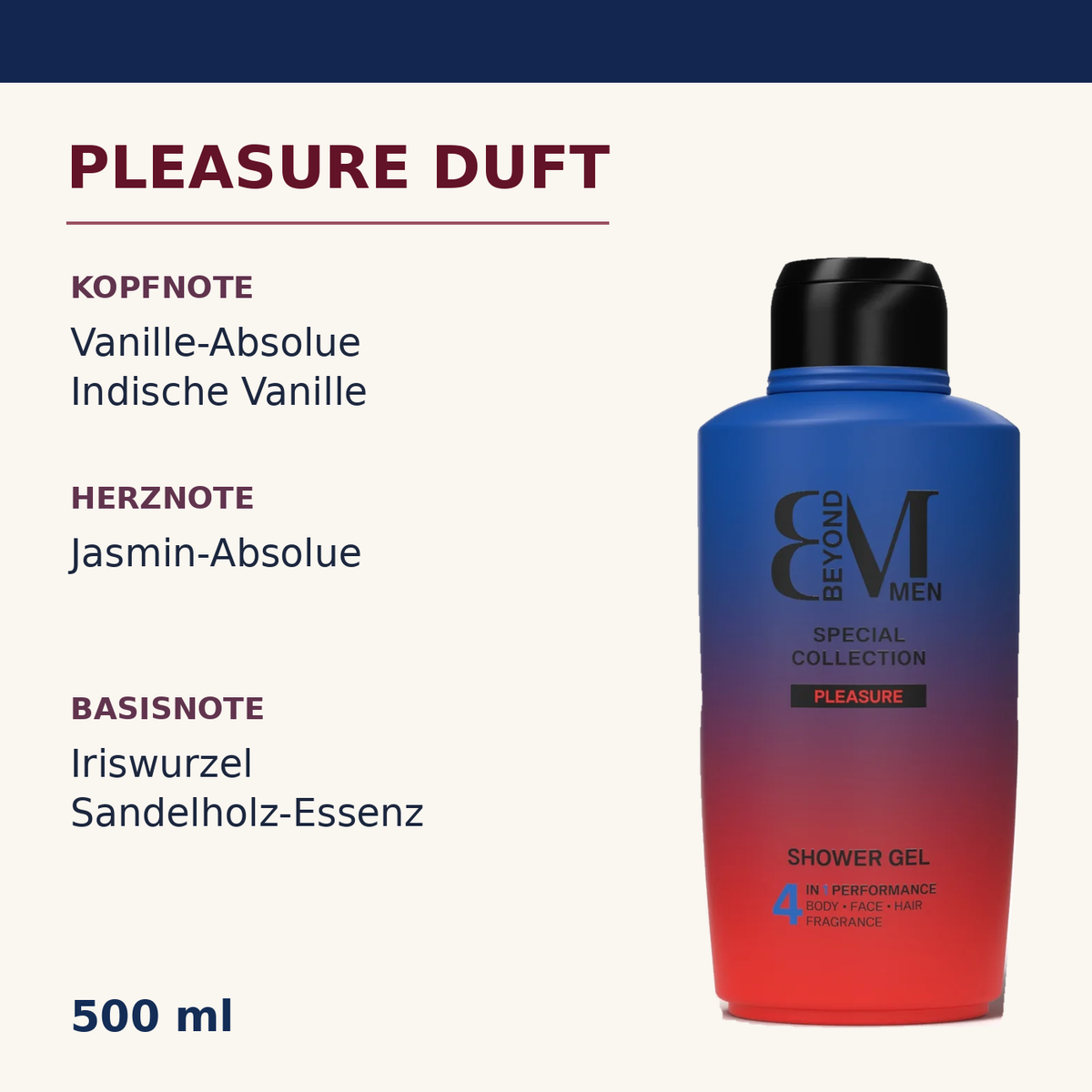 Beyond Men Pleasure Duschgel mit Duftnoten aus Vanille, Jasmin, Iriswurzel und Sandelholz