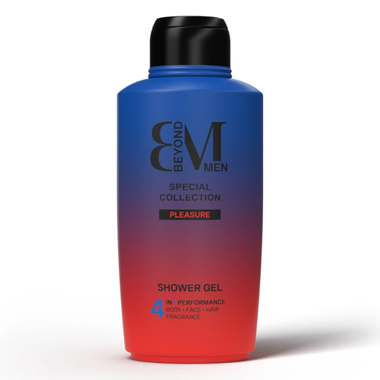 Eine Flasche Beyond Men Pleasure 4 in 1 Duschgel, 500 ml, auf weißem Hintergrund
