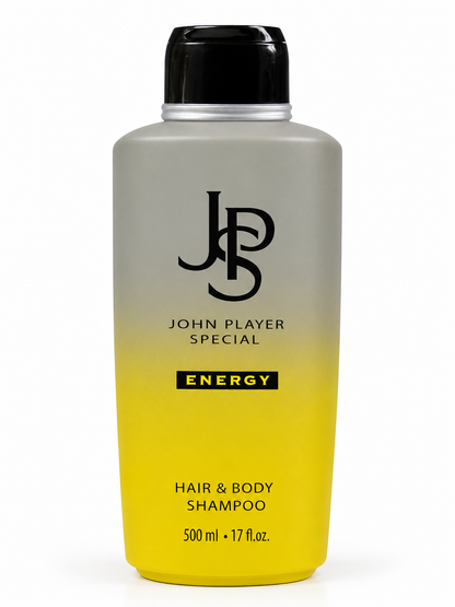 John Player Special Energy Hair & Body Shampoo 500 ml – 2-in-1 Shampoo & Duschgel für Männer – Feuchtigkeitsspendend – Frisch-zitrischer & holziger Duft – Vegan