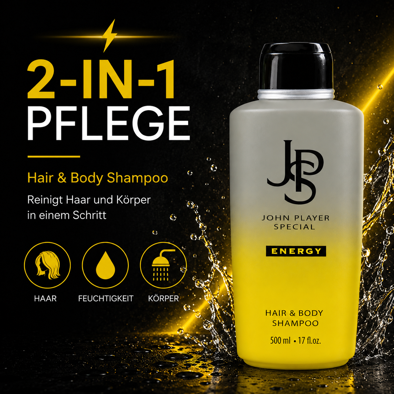 John Player Special Energy Hair & Body Shampoo 500 ml – 2-in-1 Shampoo & Duschgel für Männer – Feuchtigkeitsspendend – Frisch-zitrischer & holziger Duft – Vegan