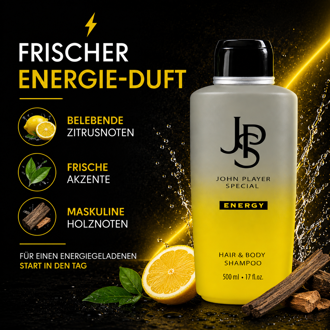 John Player Special Energy Hair & Body Shampoo 500 ml – 2-in-1 Shampoo & Duschgel für Männer – Feuchtigkeitsspendend – Frisch-zitrischer & holziger Duft – Vegan