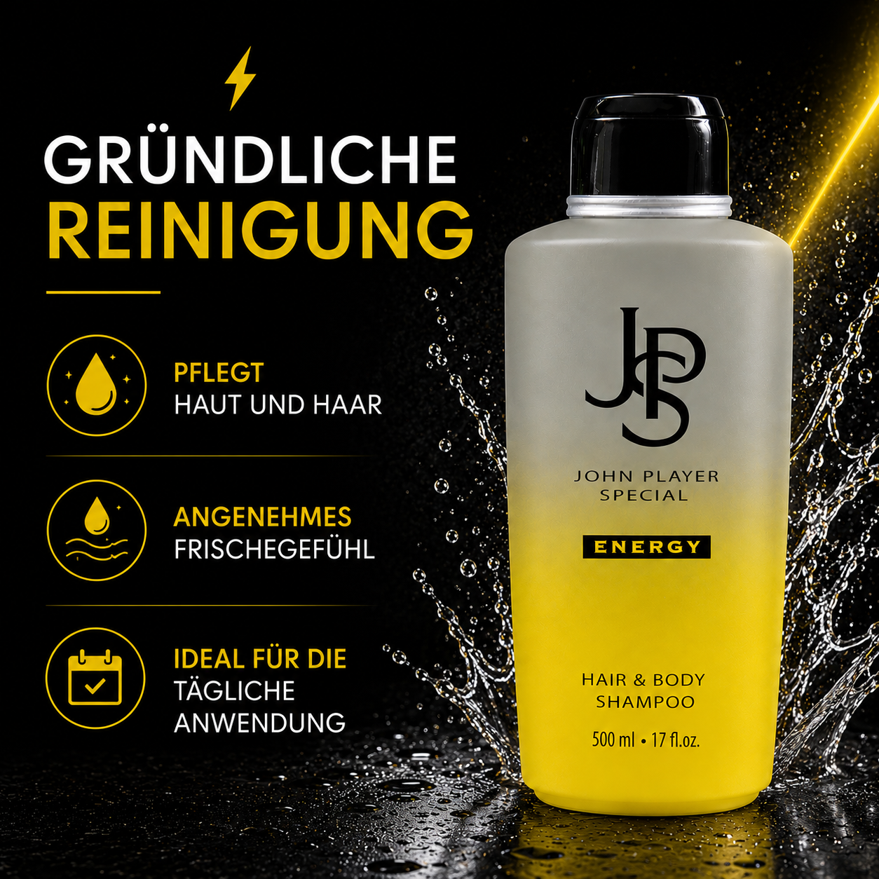 John Player Special Energy Hair & Body Shampoo 500 ml – 2-in-1 Shampoo & Duschgel für Männer – Feuchtigkeitsspendend – Frisch-zitrischer & holziger Duft – Vegan