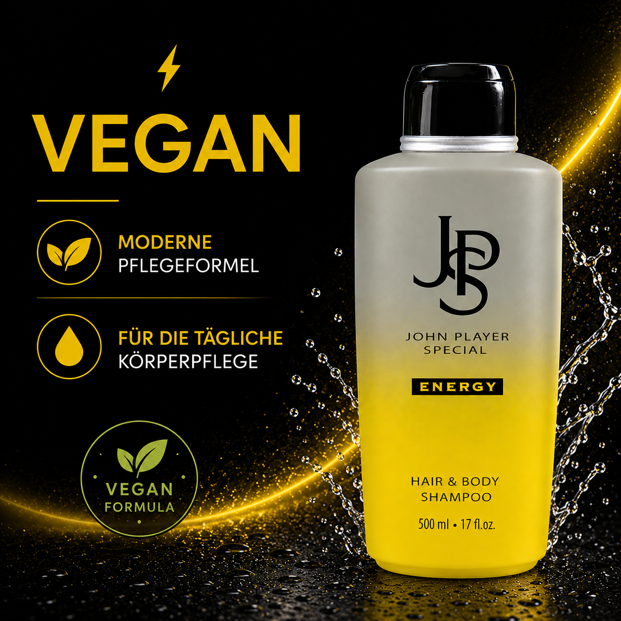 John Player Special Energy Hair & Body Shampoo 500 ml – 2-in-1 Shampoo & Duschgel für Männer – Feuchtigkeitsspendend – Frisch-zitrischer & holziger Duft – Vegan