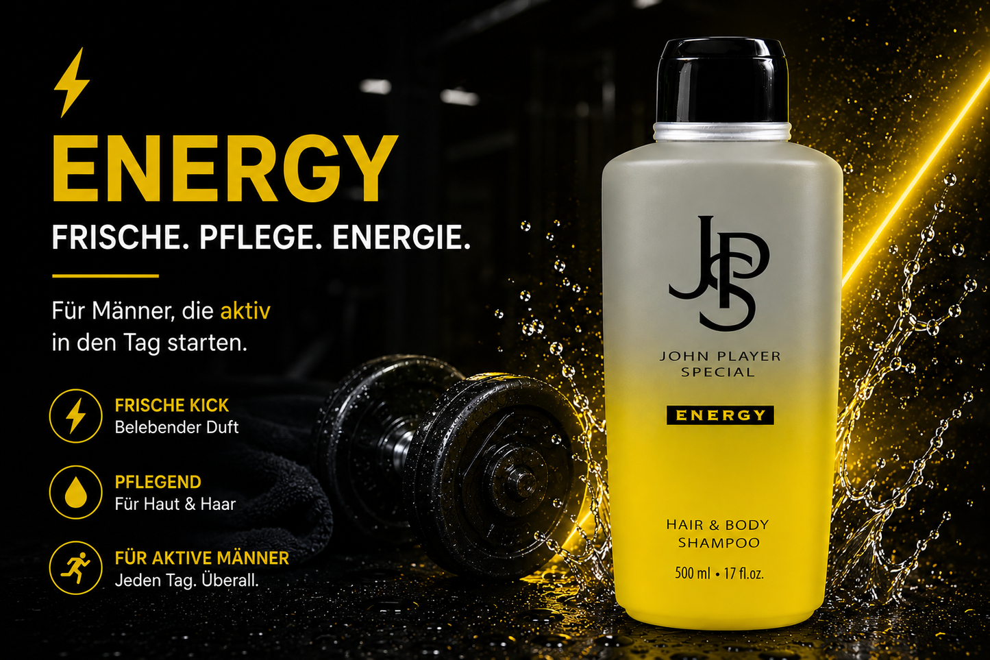 John Player Special Energy Hair & Body Shampoo 500 ml – 2-in-1 Shampoo & Duschgel für Männer – Feuchtigkeitsspendend – Frisch-zitrischer & holziger Duft – Vegan