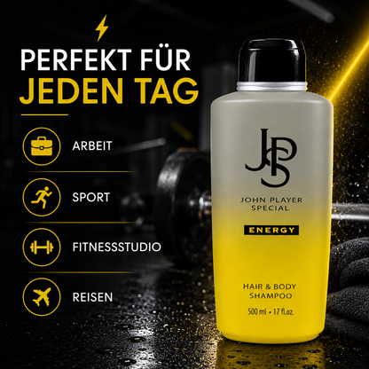 John Player Special Energy Hair & Body Shampoo 500 ml – 2-in-1 Shampoo & Duschgel für Männer – Feuchtigkeitsspendend – Frisch-zitrischer & holziger Duft – Vegan