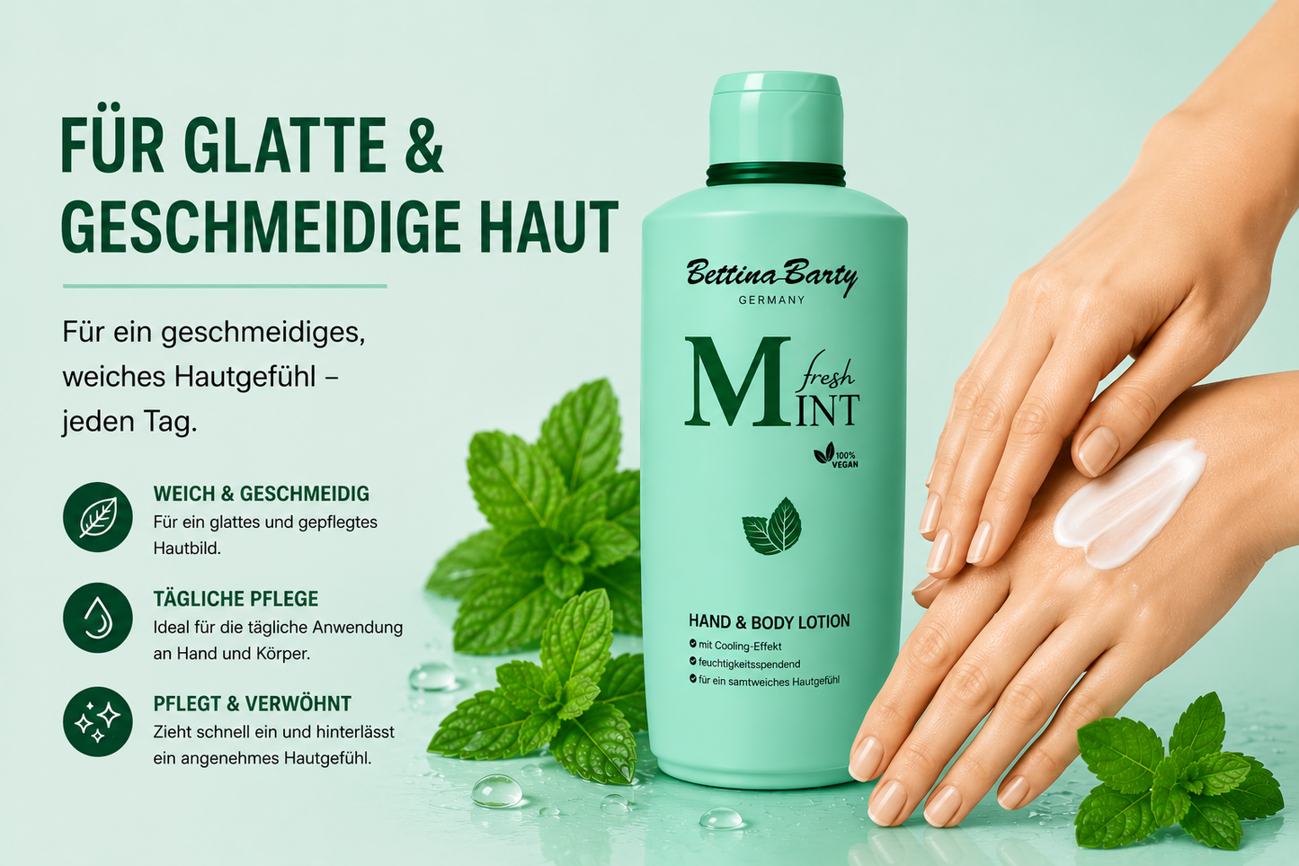 Bettina Barty Fresh Mint Hand & Body Lotion 500 ml – Mit Cooling-Effekt für einen spürbaren Frischekick – Intensive Feuchtigkeitspflege – Dermatologisch bestätigt