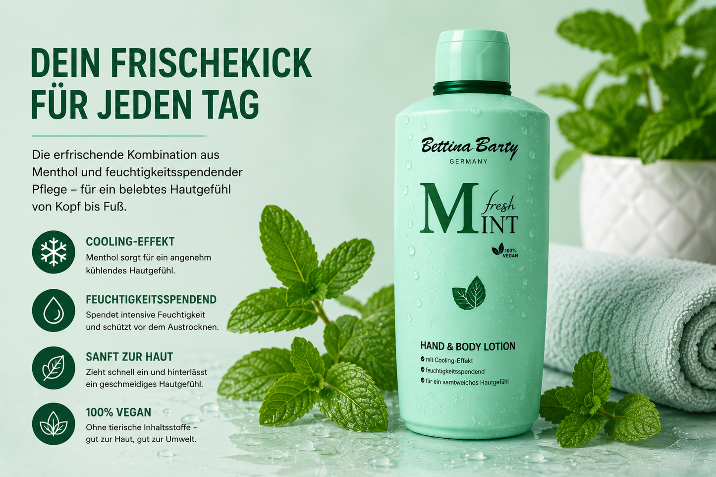Bettina Barty Fresh Mint Hand & Body Lotion 500 ml – Mit Cooling-Effekt für einen spürbaren Frischekick – Intensive Feuchtigkeitspflege – Dermatologisch bestätigt