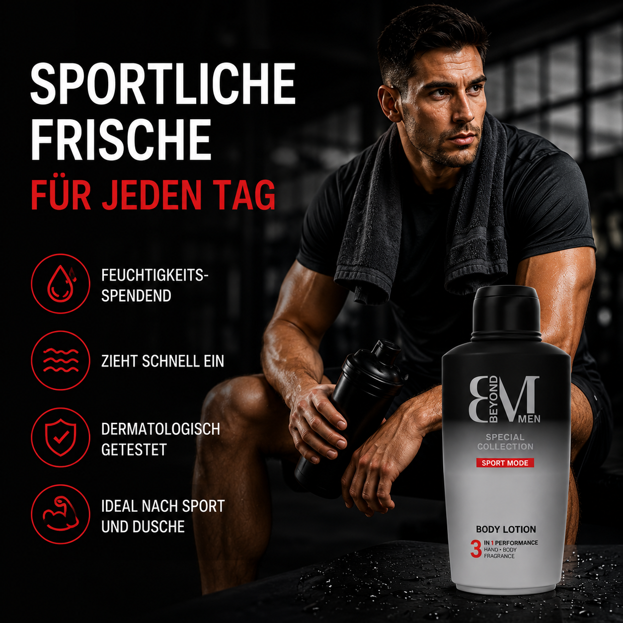 BEYOND MEN 3in1 Body Lotion Sport Mode 500 ml – Feuchtigkeitsspendende Herren Bodylotion – Schnell einziehend – Frischer Sportduft mit Zitrus- und Holznoten – Dermatologisch getestet