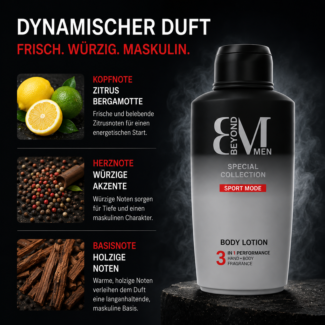 BEYOND MEN 3in1 Body Lotion Sport Mode 500 ml – Feuchtigkeitsspendende Herren Bodylotion – Schnell einziehend – Frischer Sportduft mit Zitrus- und Holznoten – Dermatologisch getestet