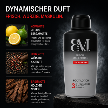 BEYOND MEN 3in1 Body Lotion Sport Mode 500 ml – Feuchtigkeitsspendende Herren Bodylotion – Schnell einziehend – Frischer Sportduft mit Zitrus- und Holznoten – Dermatologisch getestet