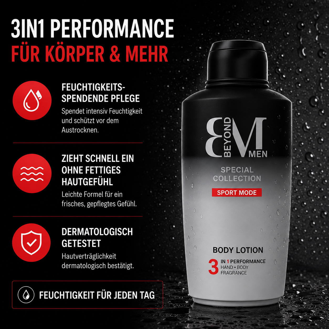 BEYOND MEN 3in1 Body Lotion Sport Mode 500 ml – Feuchtigkeitsspendende Herren Bodylotion – Schnell einziehend – Frischer Sportduft mit Zitrus- und Holznoten – Dermatologisch getestet