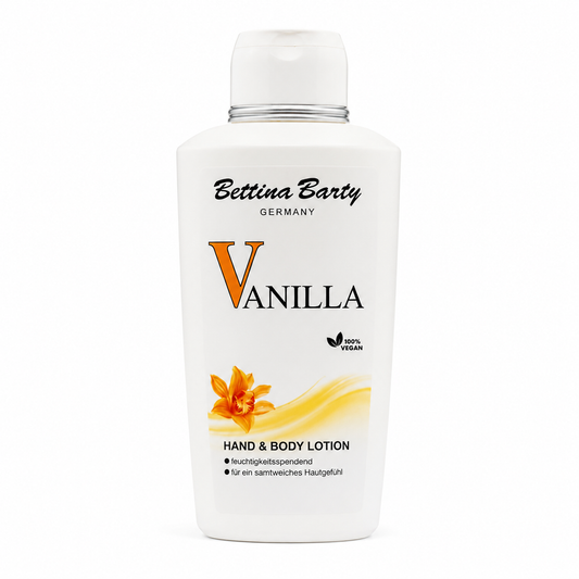 Bettina Barty Vanilla Hand & Body Lotion 500 ml – Feuchtigkeitsspendende Körperlotion – Schnell einziehend – Vegan – Warmer Vanilleduft