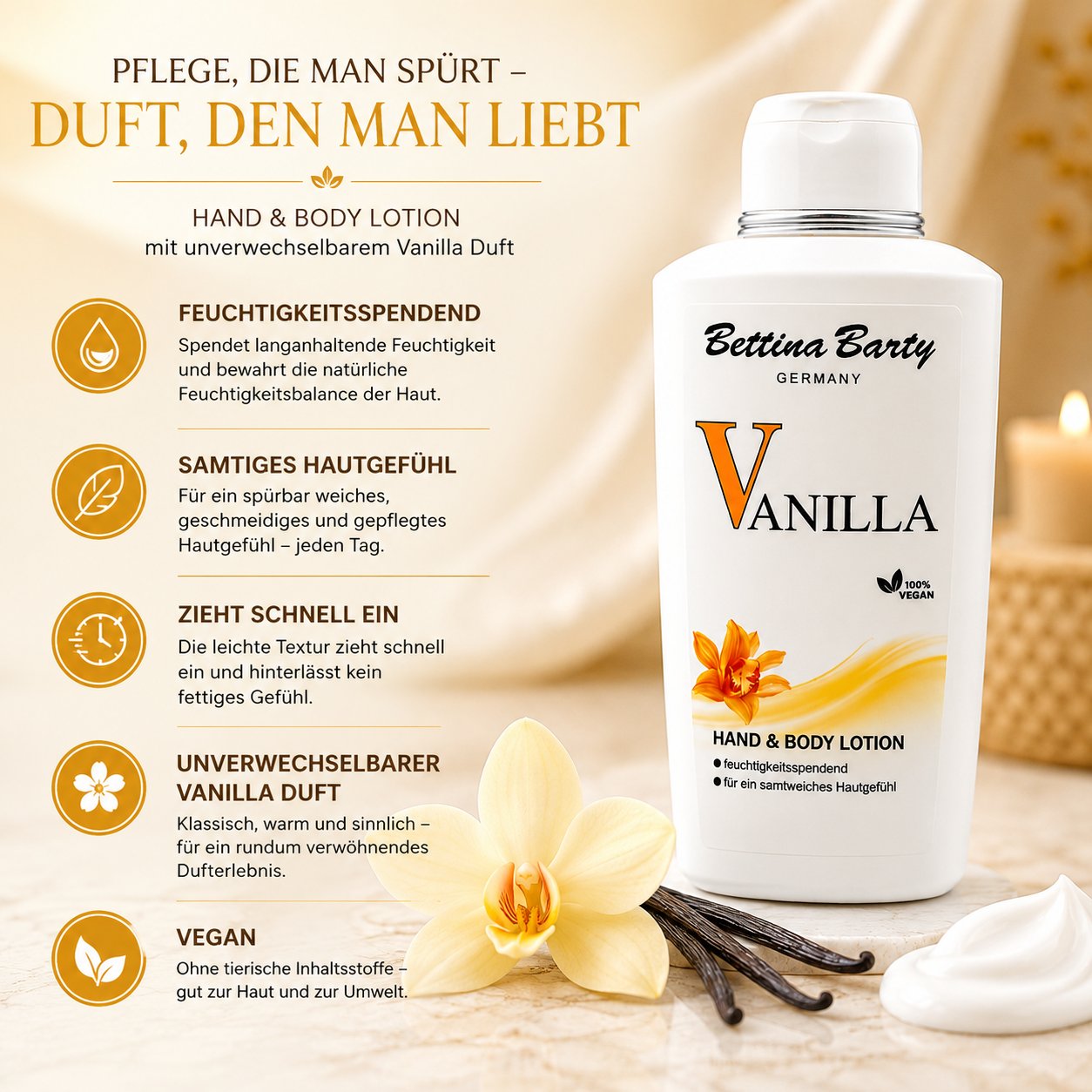 Bettina Barty Vanilla Hand & Body Lotion 500 ml – Feuchtigkeitsspendende Körperlotion – Schnell einziehend – Vegan – Warmer Vanilleduft
