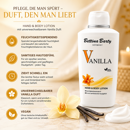 Bettina Barty Vanilla Hand & Body Lotion 500 ml – Feuchtigkeitsspendende Körperlotion – Schnell einziehend – Vegan – Warmer Vanilleduft