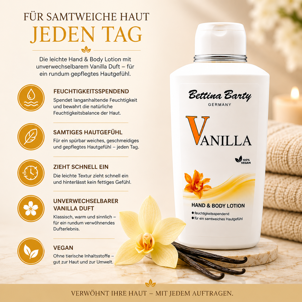 Bettina Barty Vanilla Hand & Body Lotion 500 ml – Feuchtigkeitsspendende Körperlotion – Schnell einziehend – Vegan – Warmer Vanilleduft