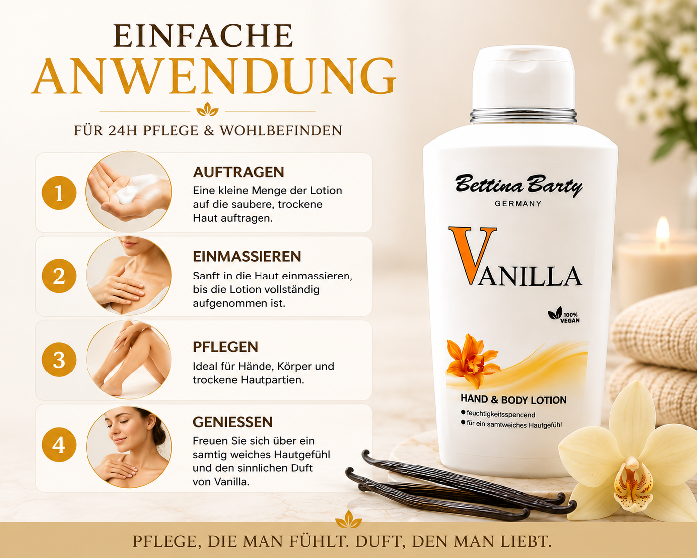 Bettina Barty Vanilla Hand & Body Lotion 500 ml – Feuchtigkeitsspendende Körperlotion – Schnell einziehend – Vegan – Warmer Vanilleduft