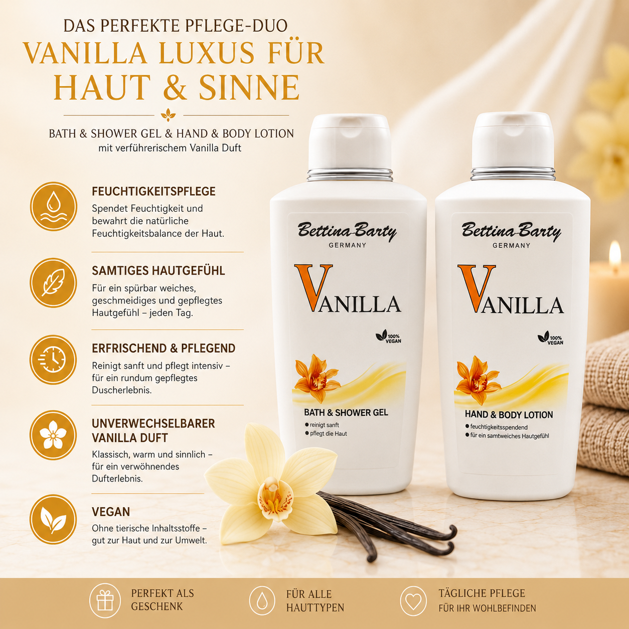 Bettina Barty Vanilla Duschwerk Pflege-Duo – Bath & Shower Gel & Hand & Body Lotion je 500 ml