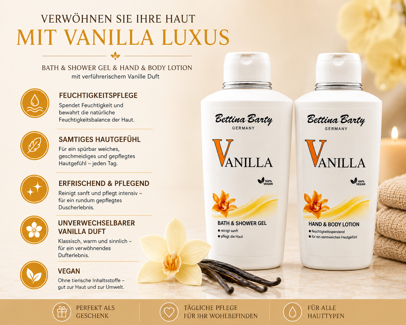 Bettina Barty Vanilla Duschwerk Pflege-Duo – Bath & Shower Gel & Hand & Body Lotion je 500 ml
