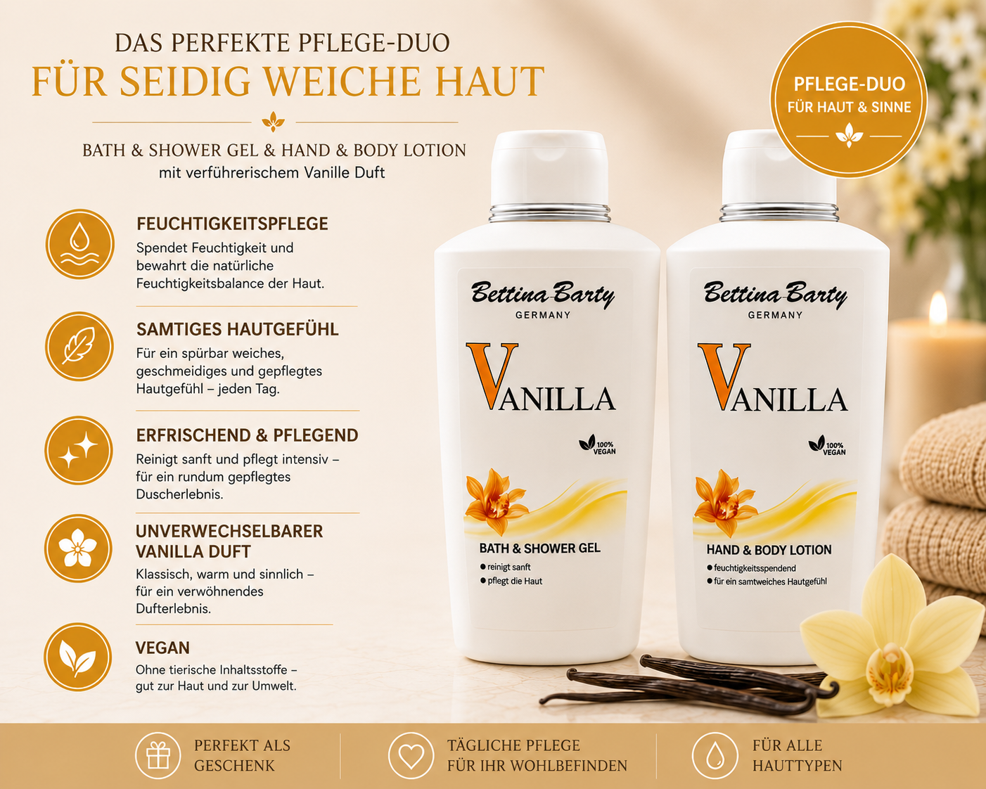 Bettina Barty Vanilla Duschwerk Pflege-Duo – Bath & Shower Gel & Hand & Body Lotion je 500 ml