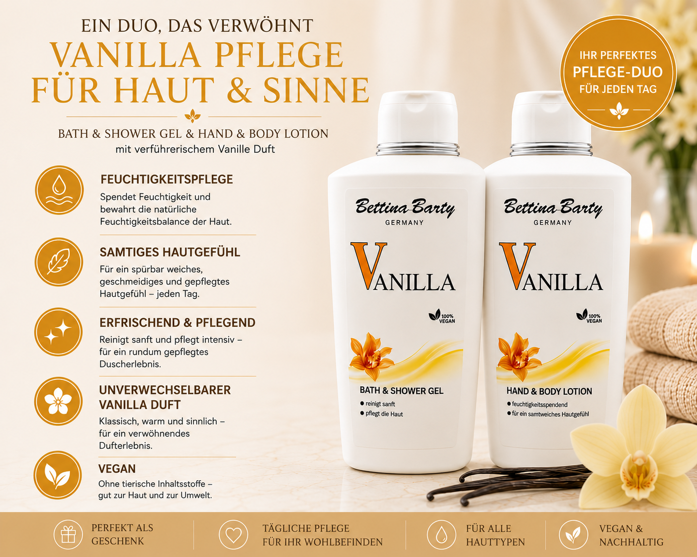 Bettina Barty Vanilla Duschwerk Pflege-Duo – Bath & Shower Gel & Hand & Body Lotion je 500 ml