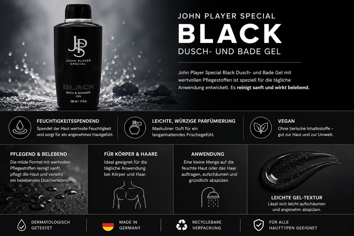John Player Special Black Bath & Shower Gel 500 ml – Feuchtigkeitsspendendes Dusch- & Badegel – Würziger Herrenduft – Vegan