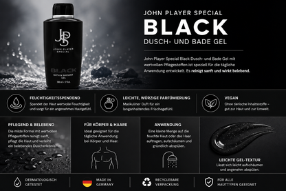 John Player Special Black Bath & Shower Gel 500 ml – Feuchtigkeitsspendendes Dusch- & Badegel – Würziger Herrenduft – Vegan