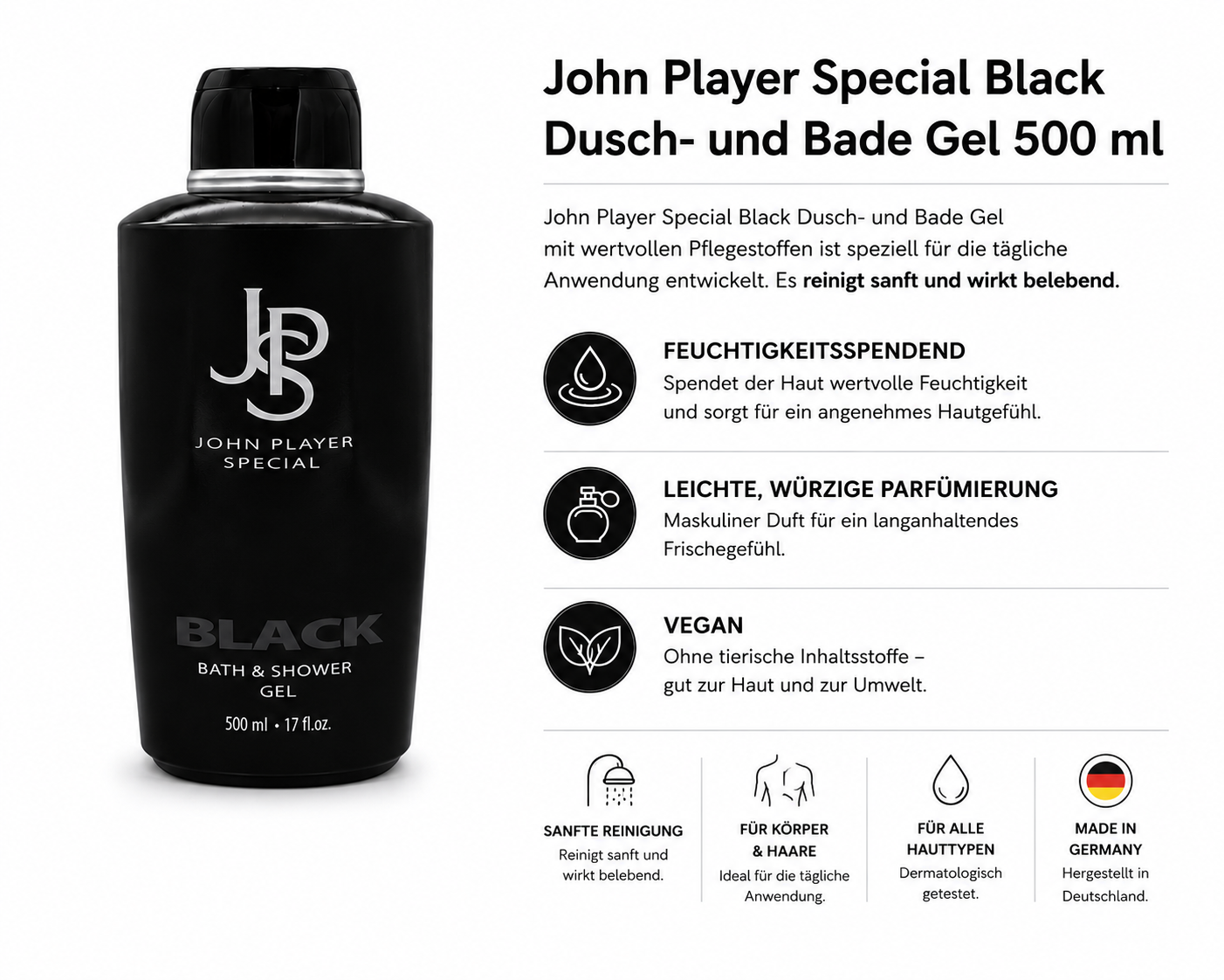 John Player Special Black Bath & Shower Gel 500 ml – Feuchtigkeitsspendendes Dusch- & Badegel – Würziger Herrenduft – Vegan