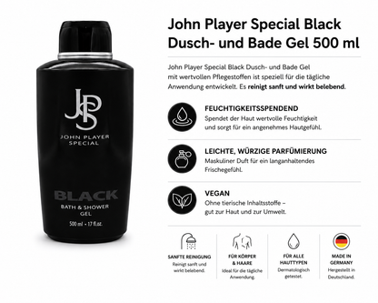 John Player Special Black Bath & Shower Gel 500 ml – Feuchtigkeitsspendendes Dusch- & Badegel – Würziger Herrenduft – Vegan