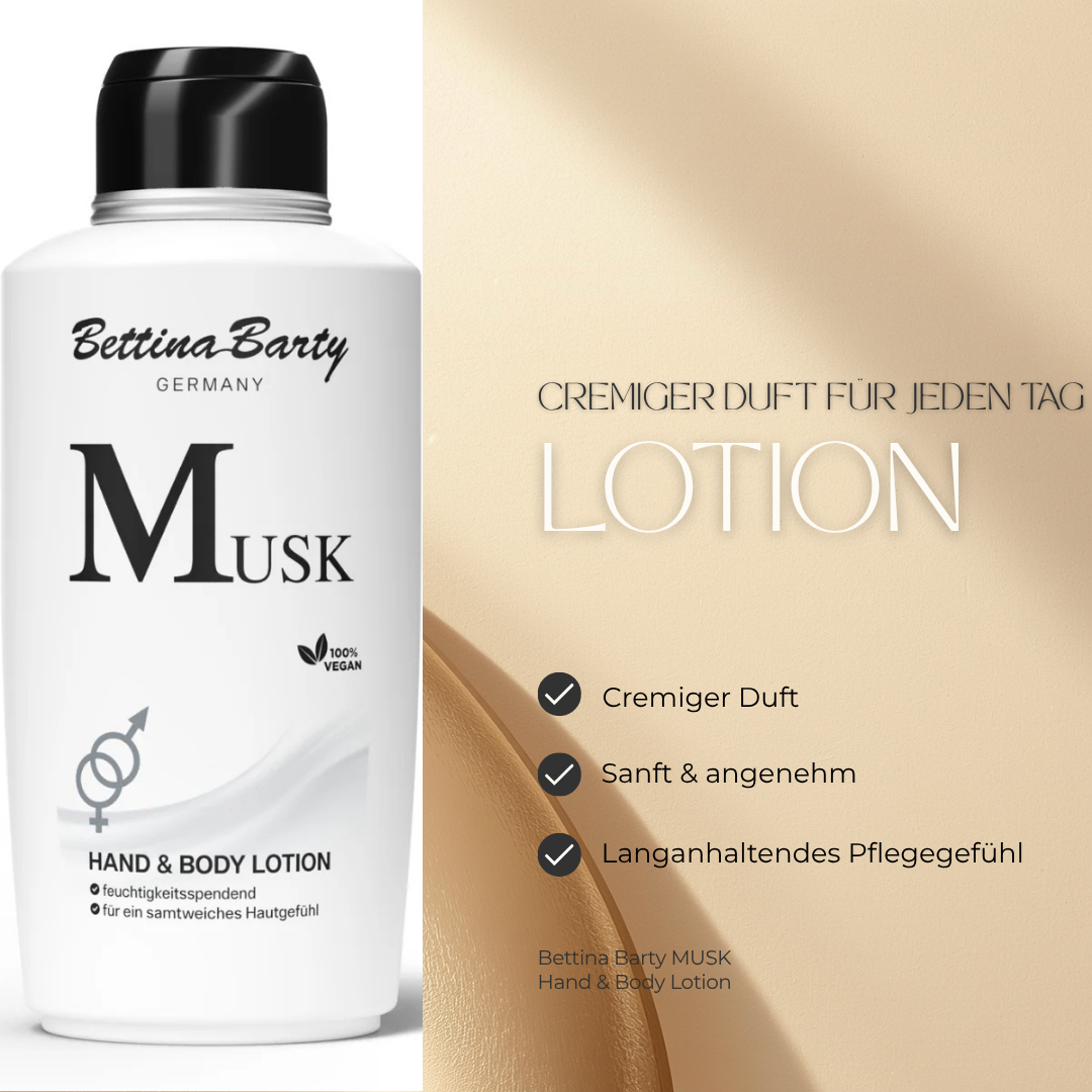 Bettina Barty MUSK Hand & Body Lotion 500 ml – Feuchtigkeitsspendende Bodylotion mit cremigem Duft – Für geschmeidige Haut – Dermatologisch getestet