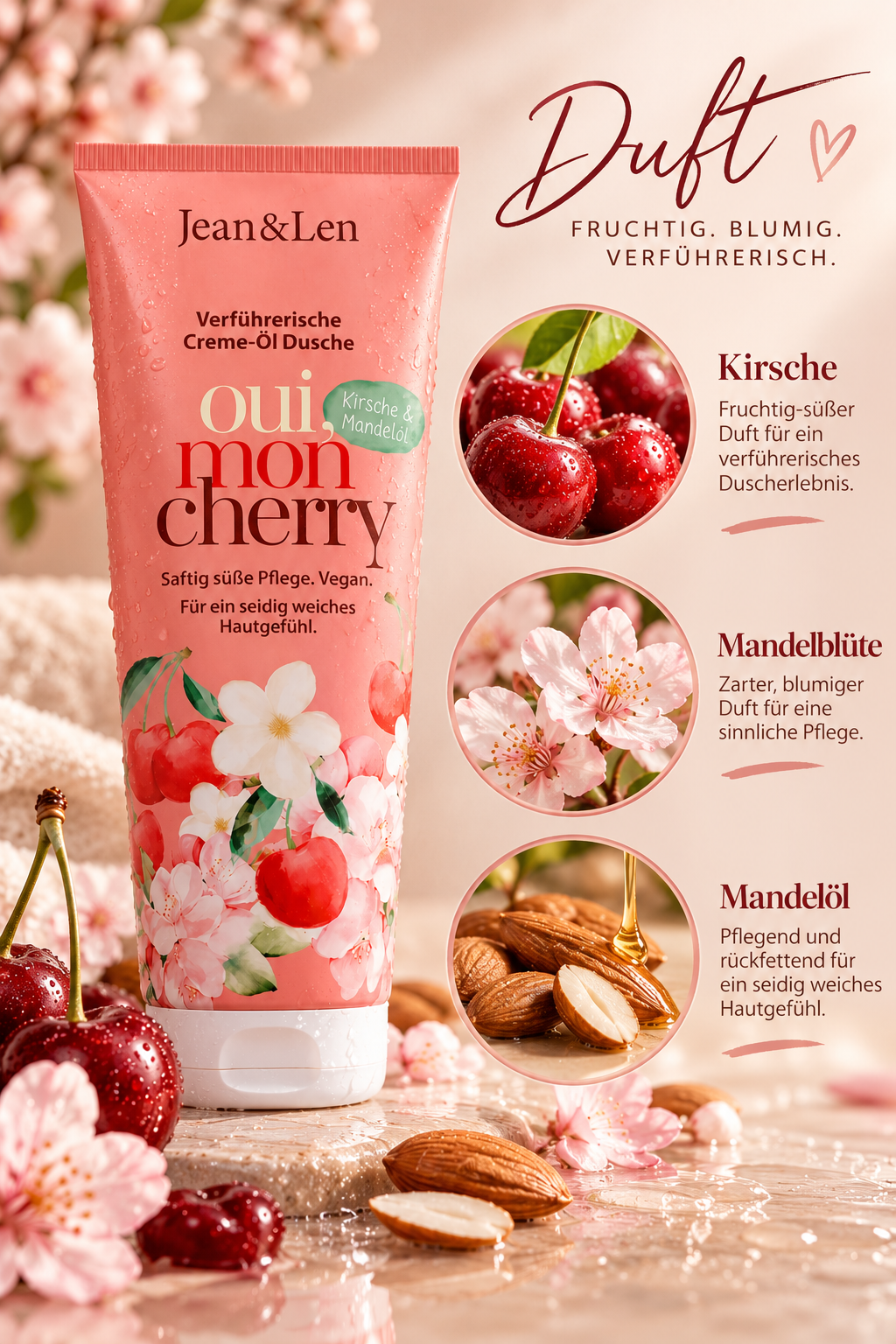 Jean & Len oui, mon Cherry – Creme-Öl Dusche mit Kirsche & Mandelblüte