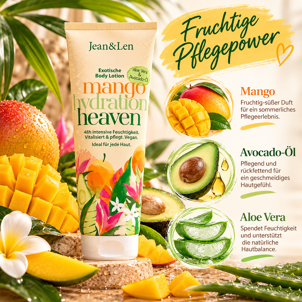 Jean&Len Exotische Body Lotion Mango Hydration Heaven – 48h Feuchtigkeit, vegan